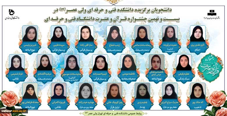 دانشجویان برگزیده دانشکده فنی و حرفه ای ولی عصر(عج) در  بیسـت و نهمین جشنـواره قرآن و عترت دانشگاه فنی و حرفه ای 2