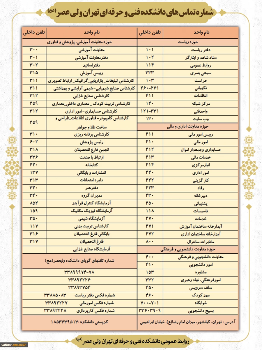 شماره تماس های دانشکده فنی و حرفه ای تهران ولی عصر (عج) 2