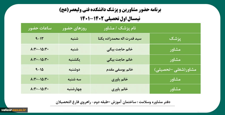 برنامه حضور مشاورین و پزشک دانشکده فنی ولیعصر(عج) 
نیمسال اول تحصیلی 1402-1401 2
