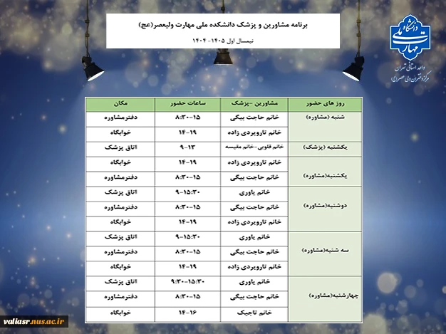 برنامه مشاورین و پزشک دانشکده ولی عصر(عج) 2