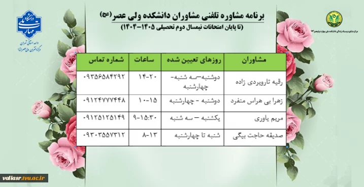 برنامه مشاوره تلفنی مشاوران دانشکده ولی عصر(عج)
